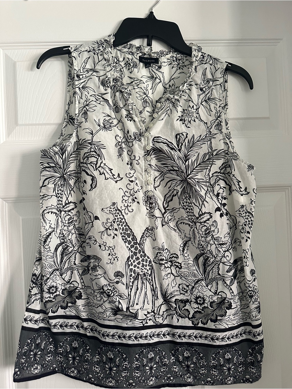 Talbots Black & White Floral Safari Print Blouse